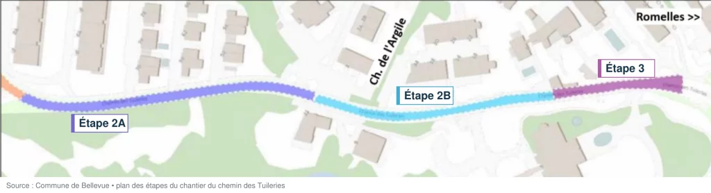 Plan des étapes 2A, 2B et 3 du chantier du chemin des Tuileries, à Bellevue