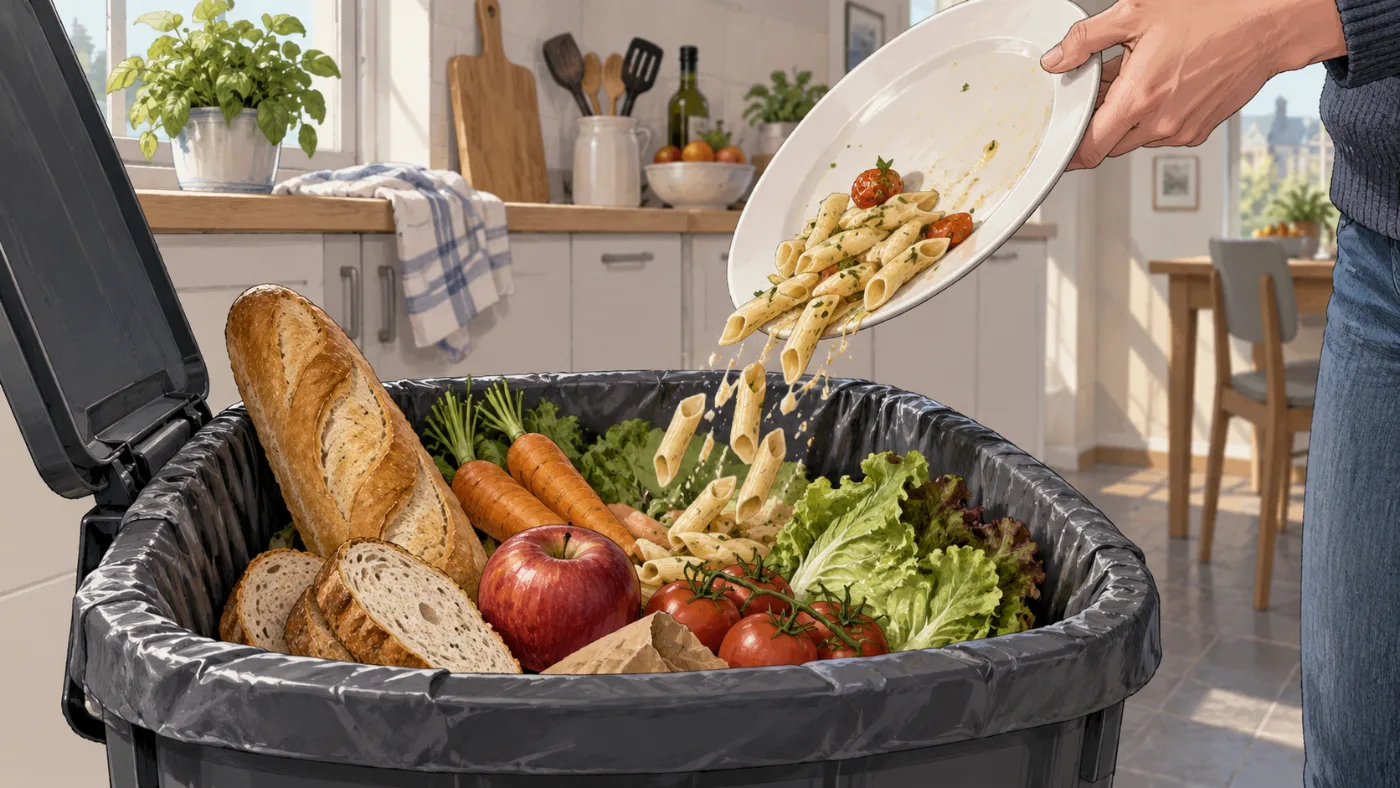 Poubelle de cuisine remplie d’aliments encore comestibles