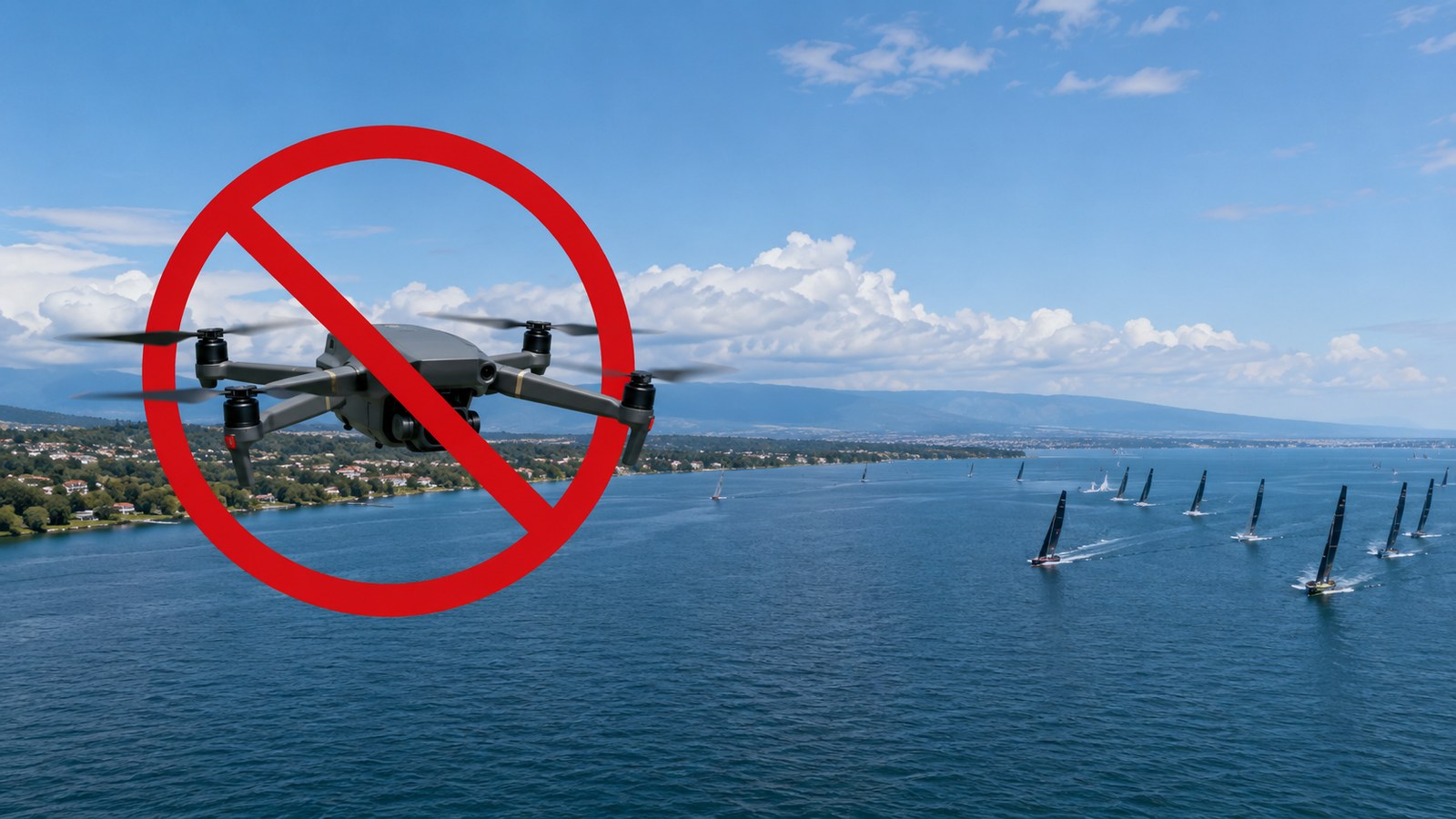 Un drone barré d'un panneau d'interdiction au-dessus du Léman, avec des voiliers de course au large