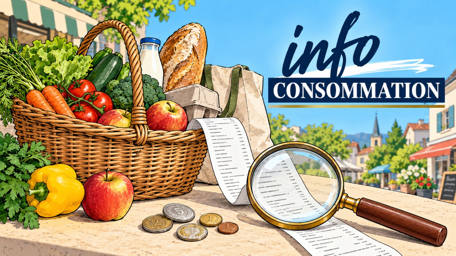 Illustration : panier de courses, ticket de caisse et loupe, avec le titre « Info consommation »