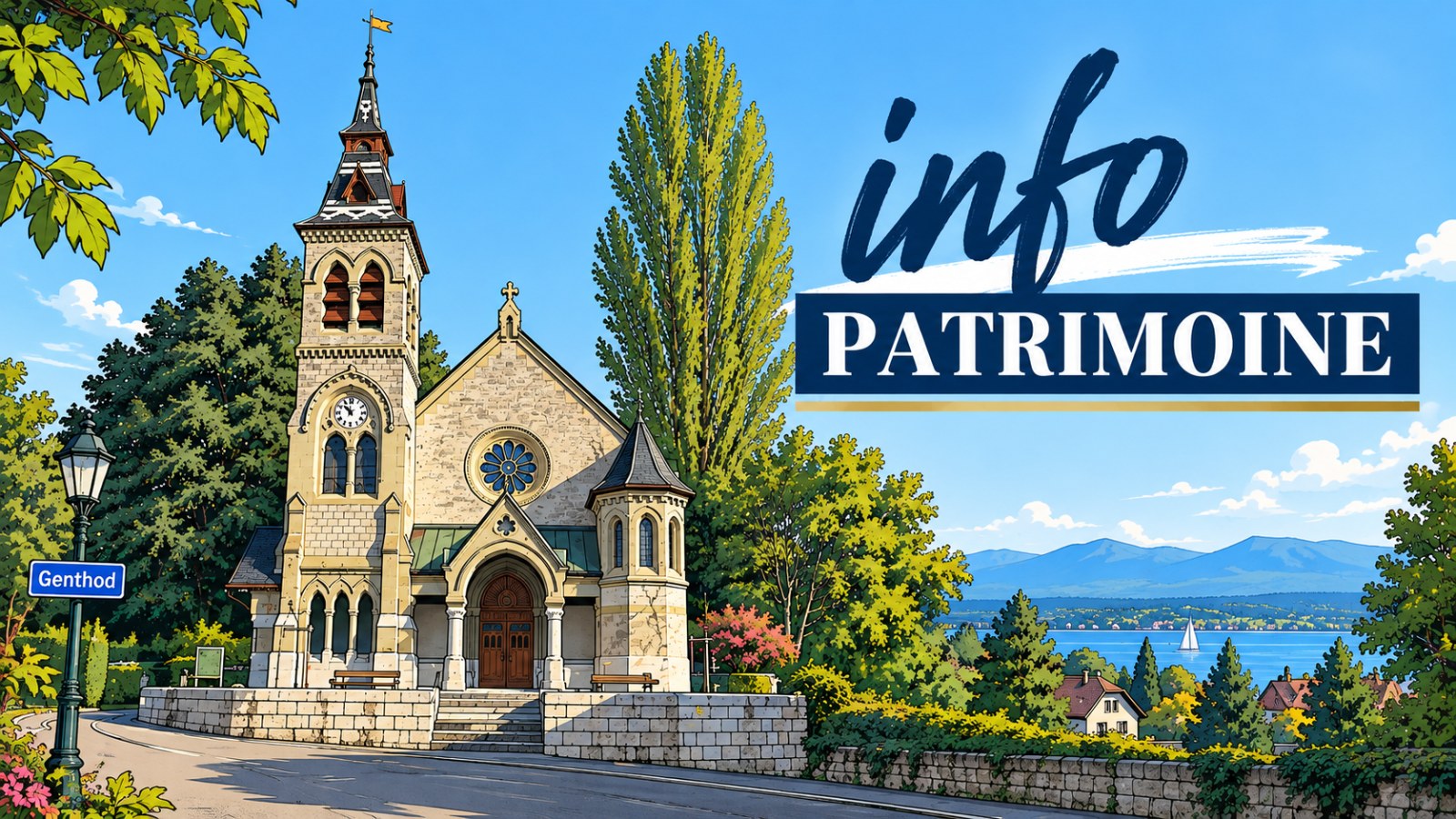 Illustration : église de Genthod et lac Léman, bandeau « info patrimoine »