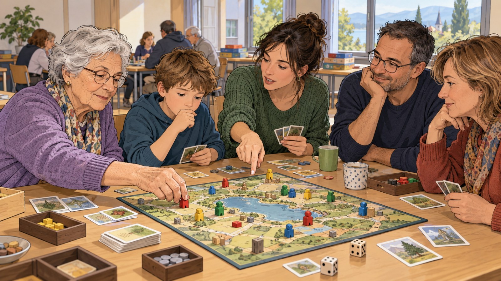 Joueurs de tous âges autour d’un jeu de société dans une salle communale