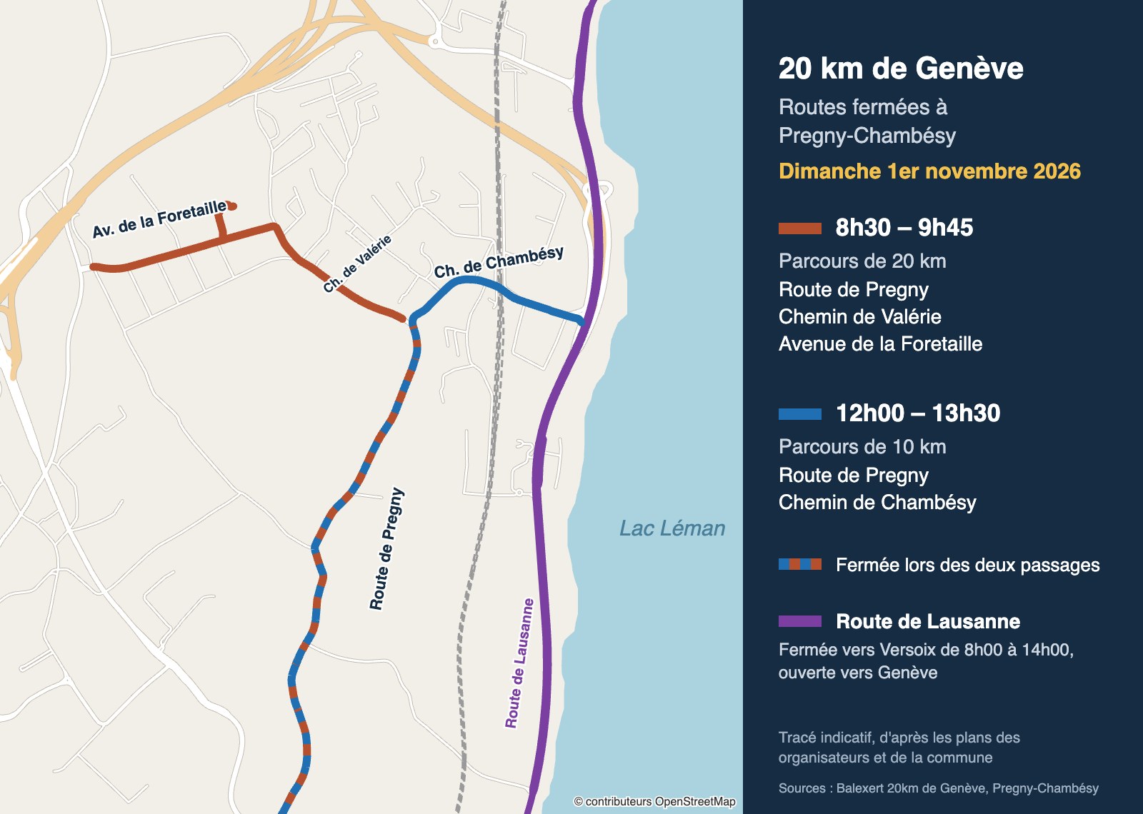 Carte des routes fermées à Pregny-Chambésy pendant les 20 km de Genève, dimanche 1er novembre 2026