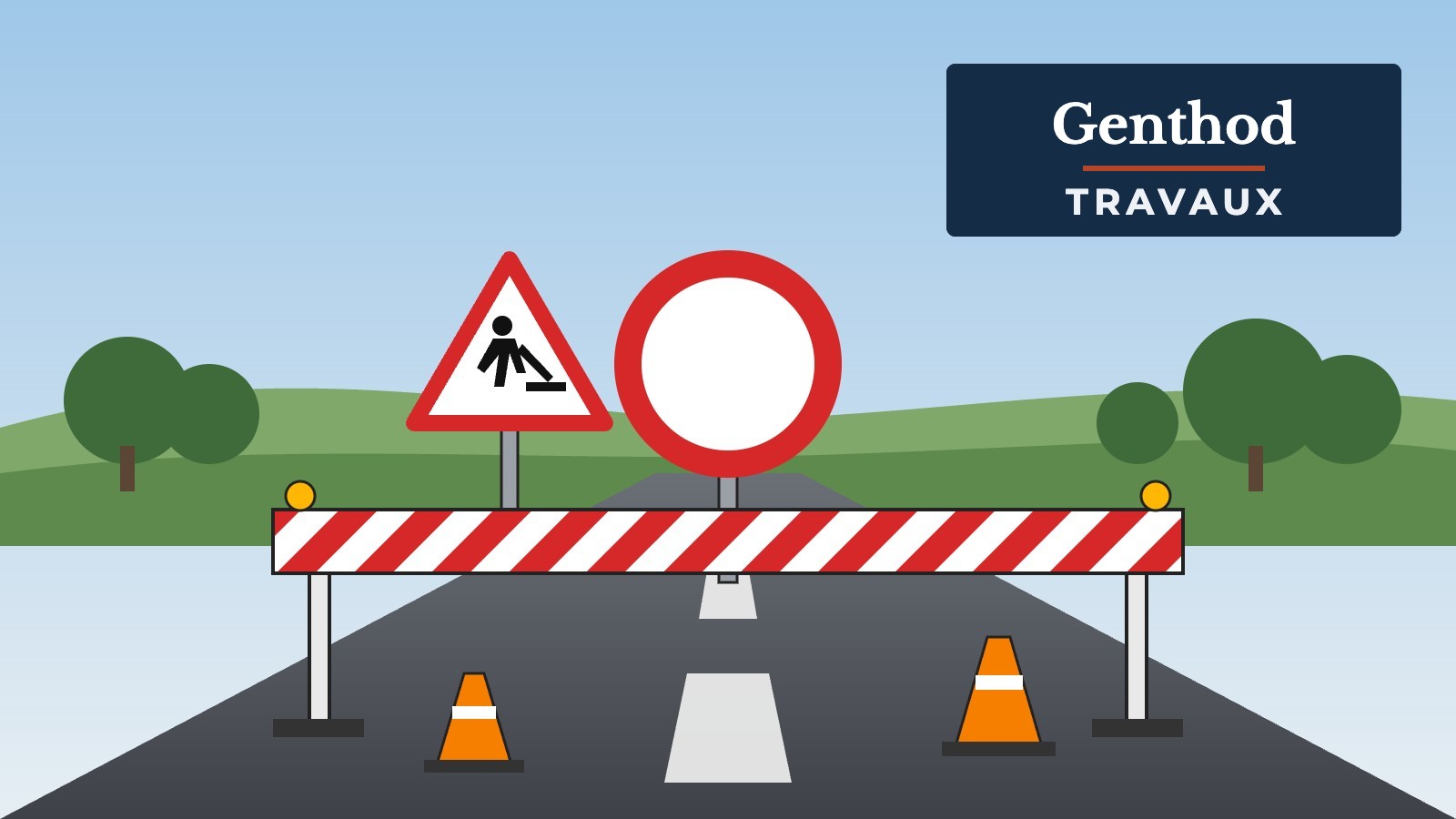 Illustration d’une route barrée par des travaux, titre Genthod Travaux