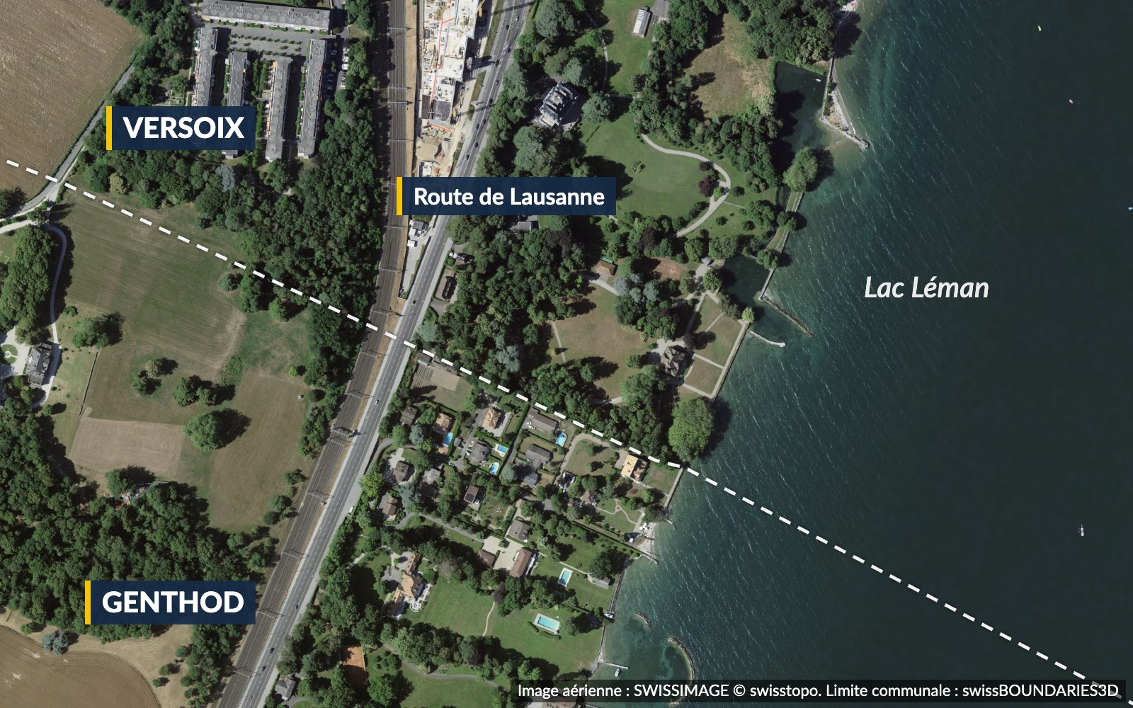 Vue aérienne du bord du lac à la limite de Genthod et de Versoix, route de Lausanne