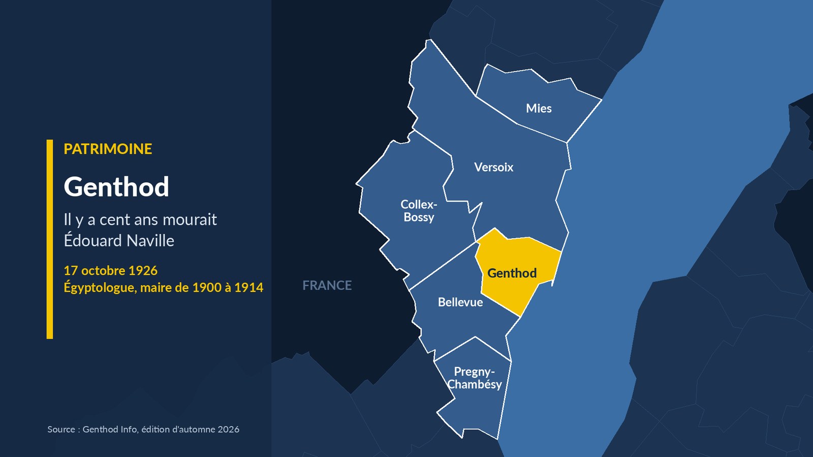 Carte des six communes, Genthod en surbrillance : il y a cent ans mourait Édouard Naville