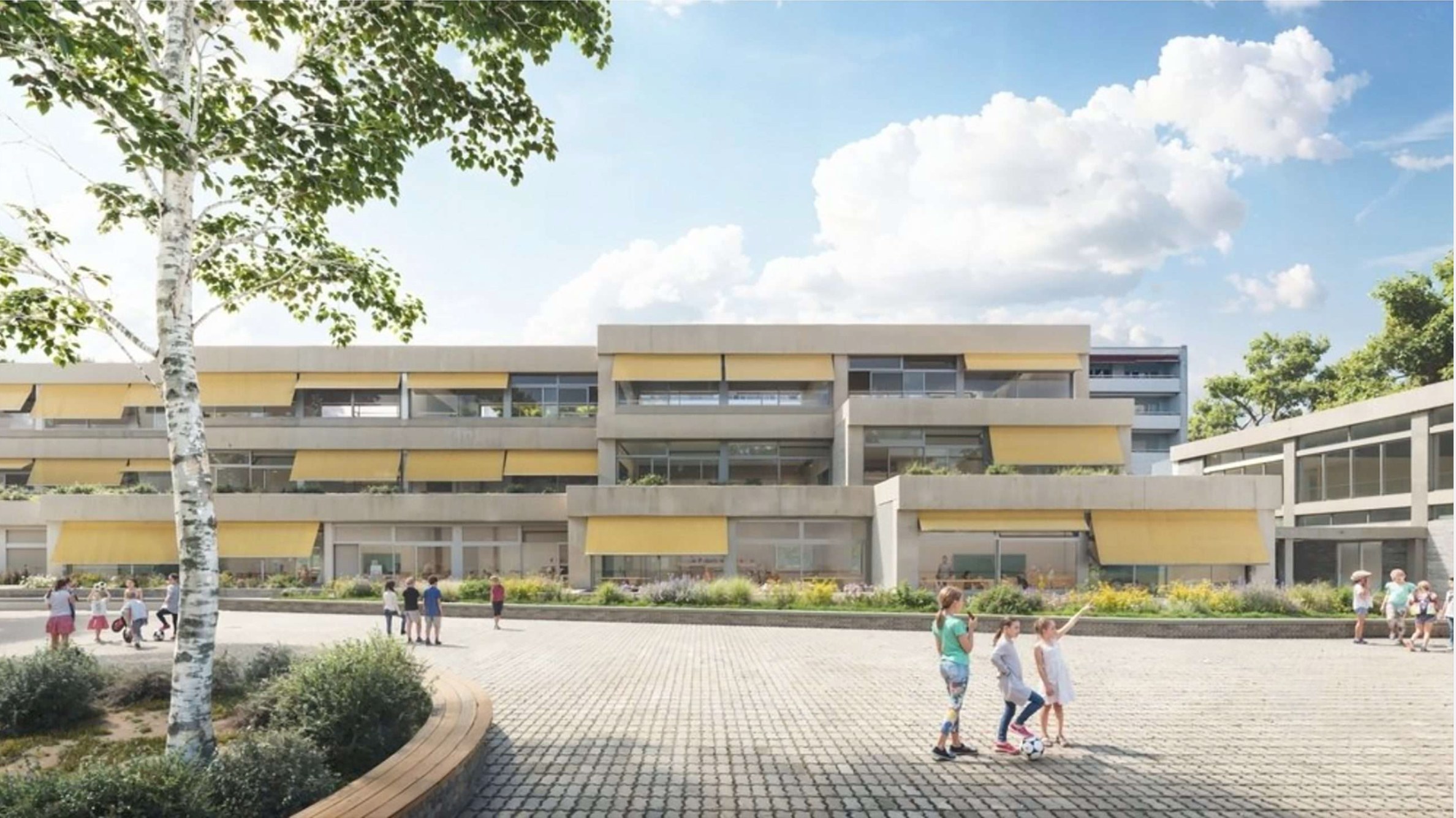 Image de synthèse d'une école avec un préau pavé, des plates-bandes et des stores jaunes