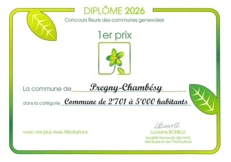 Diplôme 2026 du Concours fleuri des communes genevoises, 1er prix à Pregny-Chambésy