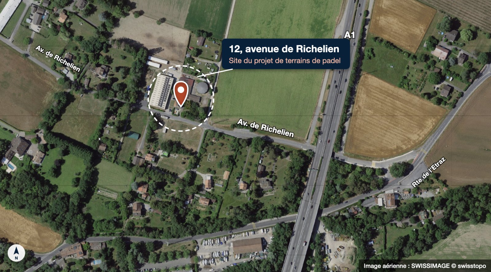 Vue aérienne du secteur de Richelien à Versoix, avec un repère sur le 12, avenue de Richelien, site du projet de terrains de padel